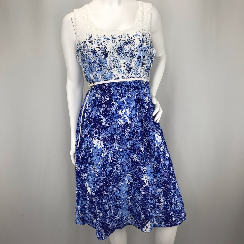 Motherhood A-Line Scoop Belted Indigo Lace Dress
